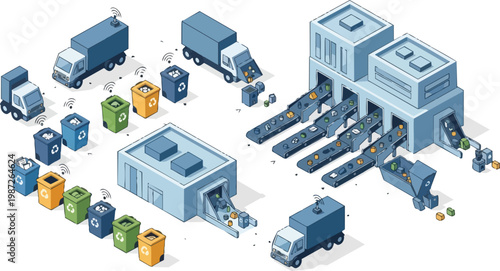 Isometric Smart Waste Management and Automated Recycling System with IoT Sensors, Collection Trucks, and Factory Sorting Facility