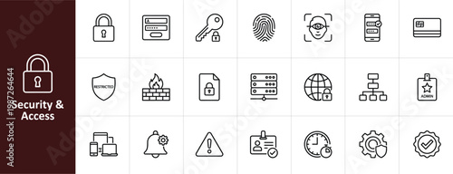 Security and Access Control Line Icon Set - Minimalist Cybersecurity and Privacy Vector Illustrations