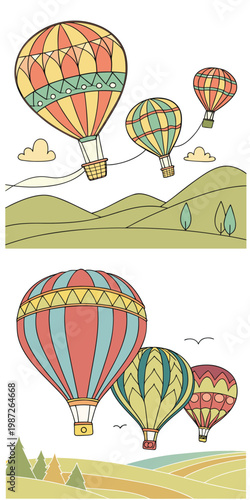 Colorful hot air balloons flying over green hills and trees