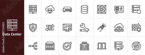 Data Center and IT Infrastructure Line Icon Set - Minimalist Server Room, Network Hardware, and Cloud Computing Vector Illustrations