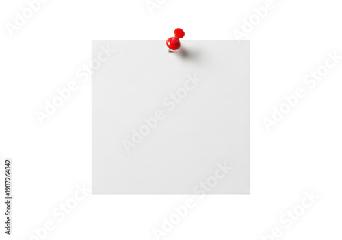 Blank white paper note pinned with red push pin isolated on transparent background