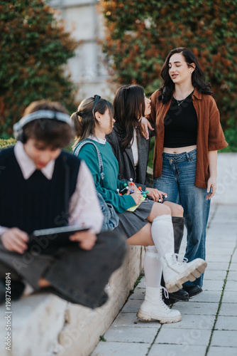 Three teenage students chat and laugh together outdoors on a college campus. A fourth student sits nearby using a tablet while the group socializes casually.
