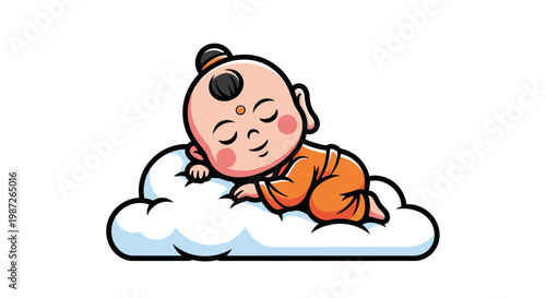 Cute baby Buddha sleeping peacefully on a soft cloud, serene meditation concept