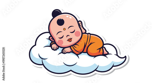 Cute Baby Buddha Sleeping on Fluffy Cloud, Serene Cartoon Illustration