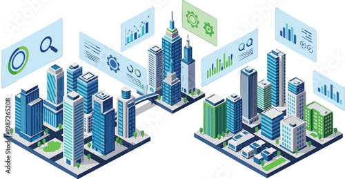 Isometric Smart City Illustration Featuring Futuristic Skyscrapers and Data Visualization Analytics