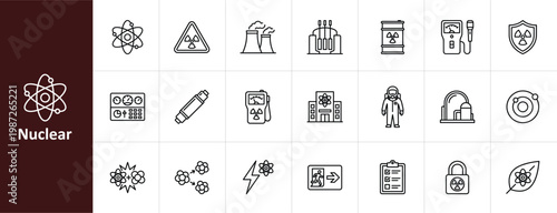 Nuclear Energy and Atomic Physics Line Icon Set - Minimalist Radiation Safety, Power Plant, and Green Energy Vector Illustrations