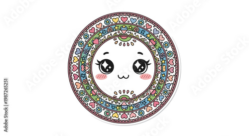 Cute Kawaii Plate with Colorful Mandala Pattern and Happy Face