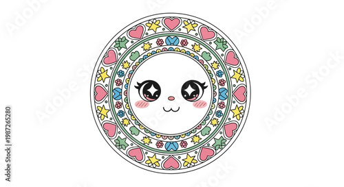 Cute Kawaii Face Circle Decoration with Hearts and Stars
