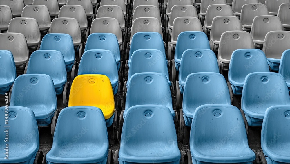 Obraz premium Rows of empty stadium seats, some blue, one yellow, others grey