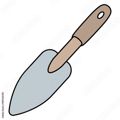 Garden shovel. Metal trowel with a wooden handle and a hanging hole. Color vector illustration. Isolated on white background. Idea for web design.