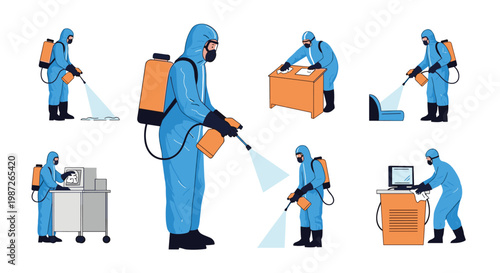 Professional workers in hazmat suits disinfecting office surfaces and equipment to prevent virus spreading.