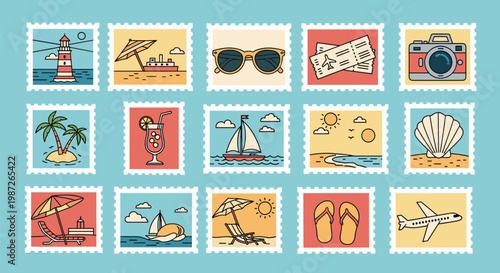 Collection of travel and summer vacation postage stamps with beach sea ship and airplane illustrations.