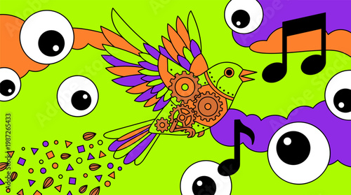 Whimsical Mechanical Bird with Petal Wings and Floating Eyes Pop Surrealism Flat Illustration with Bold Outlines