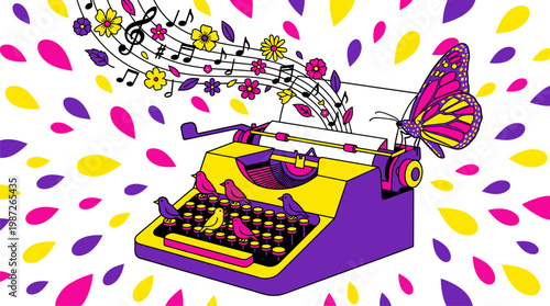Vintage Typewriter with Songbird Keys and Musical Wildflower Flow Pop Surrealism Flat Illustration with Bold Outlines