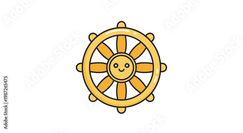 Cute cartoon Dharma wheel with happy face, Buddhist symbol of enlightenment, isolated on white