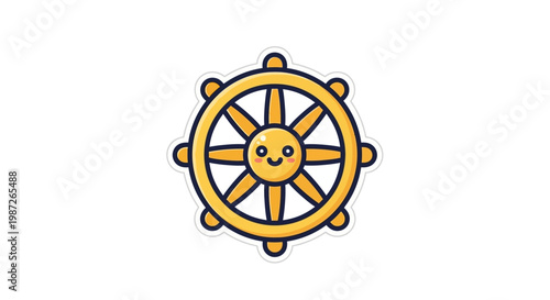 Cute Dharma Wheel Cartoon Icon with Smiling Sun Face