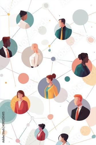 Illustration of a business network concept with people icons connected by lines on a white background, representing social media connection.