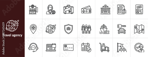 Travel Agency and Vacation Booking Line Icon Set - Minimalist Tourism, Consultant, and Trip Planning Vector Illustrations