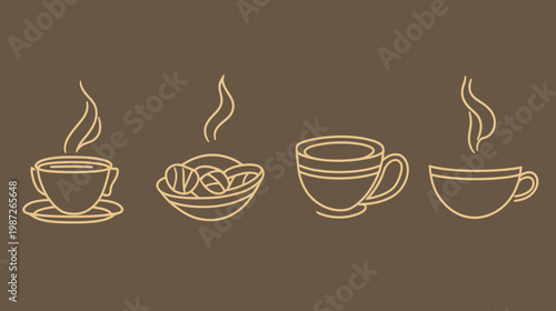 Four line art illustrations of coffee-related items with steam, in warm cream on a brown background