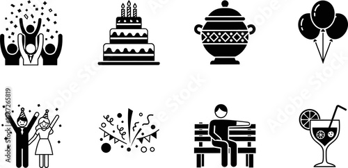 Black and white vector icons celebration leisure activities