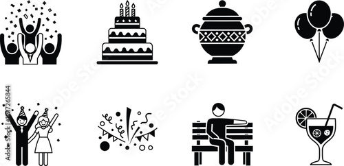 Black and white vector icons celebration leisure activities