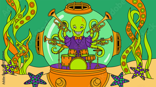 Dapper Octopus Playing Musical Instruments In Diving Helmet Pop Surrealism Flat Illustration With Bold Outlines