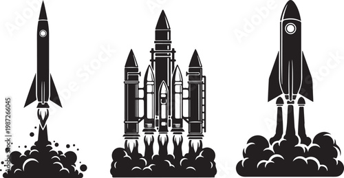 Set of vintage rocket launch silhouettes black solid shapes spaceships taking off with smoke trail for astronomy science and design.