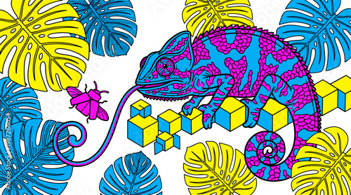 Giant Chameleon with Fractal Scales on Geometric Branch Pop Surrealism Flat Illustration with Bold Outlines