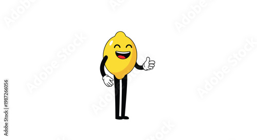 Friendly yellow lemon character with face hands and legs showing a thumbs up gesture on white background.