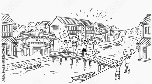 Excited People Celebrating on a Bridge in Ancient Town