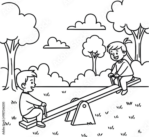 Black and white illustration two boys playing on seesaw