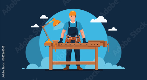 Professional carpenter in a workshop standing at a workbench with various woodworking tools and a desk lamp.