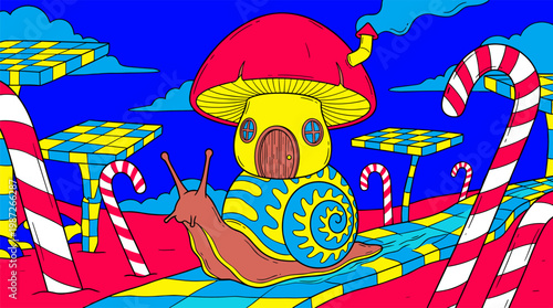 Giant Mushroom House on Snail Back Traveling Through Candy Landscape Pop Surrealism Flat Illustration with Bold Outlines