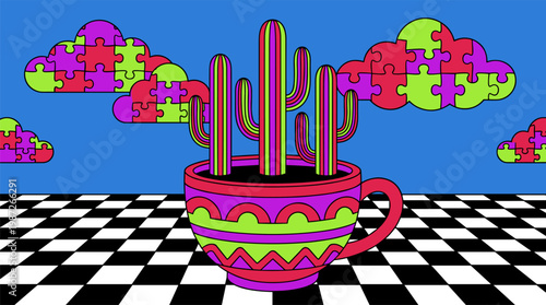Surreal Desert Cacti Growing in Coffee Cup Pop Surrealism Flat Illustration with Bold Outlines