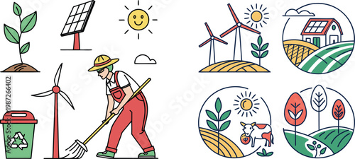 Eco friendly farming and renewable energy icons with worker  sustainable living concepts