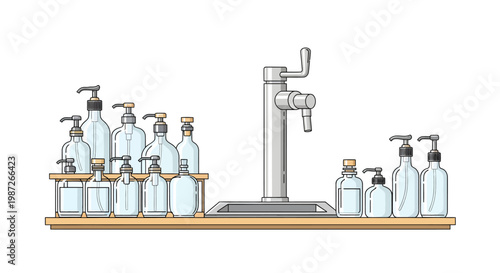 Hand sanitizer dispensers and bottles on a shelf