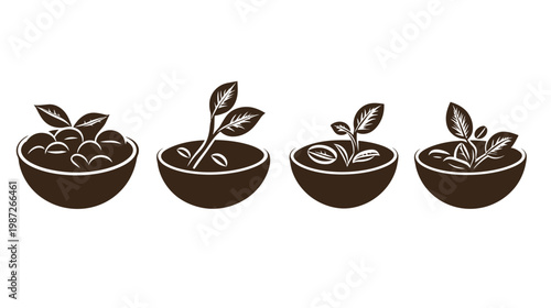 Four stylized plant illustrations in bowls, presented in a row on a white background, minimal design