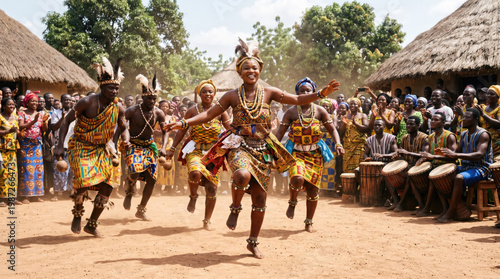 Group of African People in Traditional Costumes Performing Ritual Dance