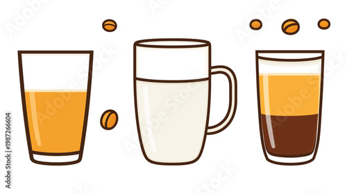 Illustration featuring various coffee drinks, cups, and beans. A clear style with bold outlines