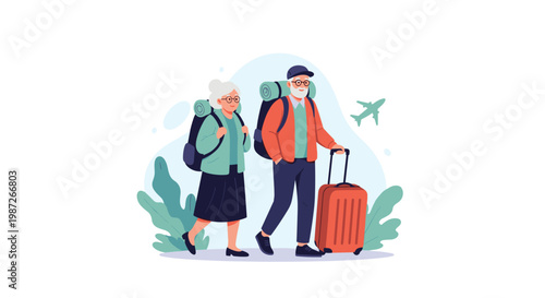 Elderly man and woman with backpacks and rolling luggage traveling together with an airplane in the background.