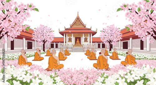 Buddhist monks meditating in temple with cherry blossoms
