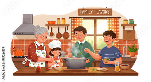 Family cooking together in kitchen with chef hat and family flavors sign