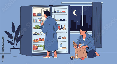 Man in bathrobe looking for a snack in an open refrigerator at night while woman unpacks groceries on the floor.