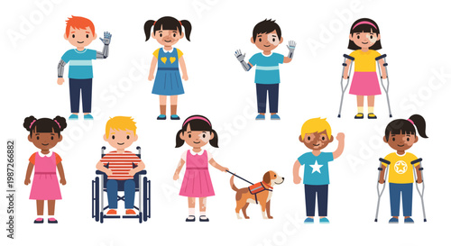 Diverse group of children with various physical abilities and skin conditions representing inclusivity and accessibility in a flat vector.
