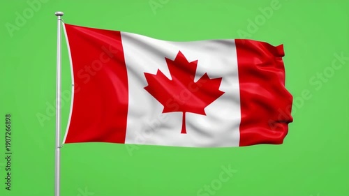 Waving Canadian flag on a flagpole, a vibrant red and white national symbol of Canada, isolated on a green screen for easy compositing and patriotic themes
