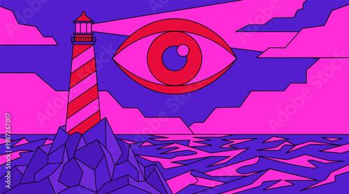 Surreal Lighthouse With Floating Eye Sky Pop Surrealism Flat Illustration With Bold Outlines