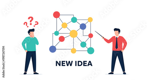 Man with question marks over his head listening to a colleague presenting a new idea through a complex network diagram.