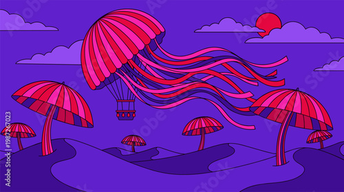 Jellyfish Hot Air Balloon over Desert Umbrellas Pop Surrealism Flat Illustration with Bold Outlines in Vibrant Saturated Colors