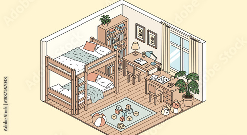 Isometric view of a cozy childrens bedroom featuring a wooden bunk bed, two study desks, bookshelf, and colorful toys on the floor.