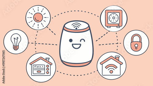 Smart home technology concept with central hub controlling connected devices like lighting security thermostat and wifi in modern flat illustration style